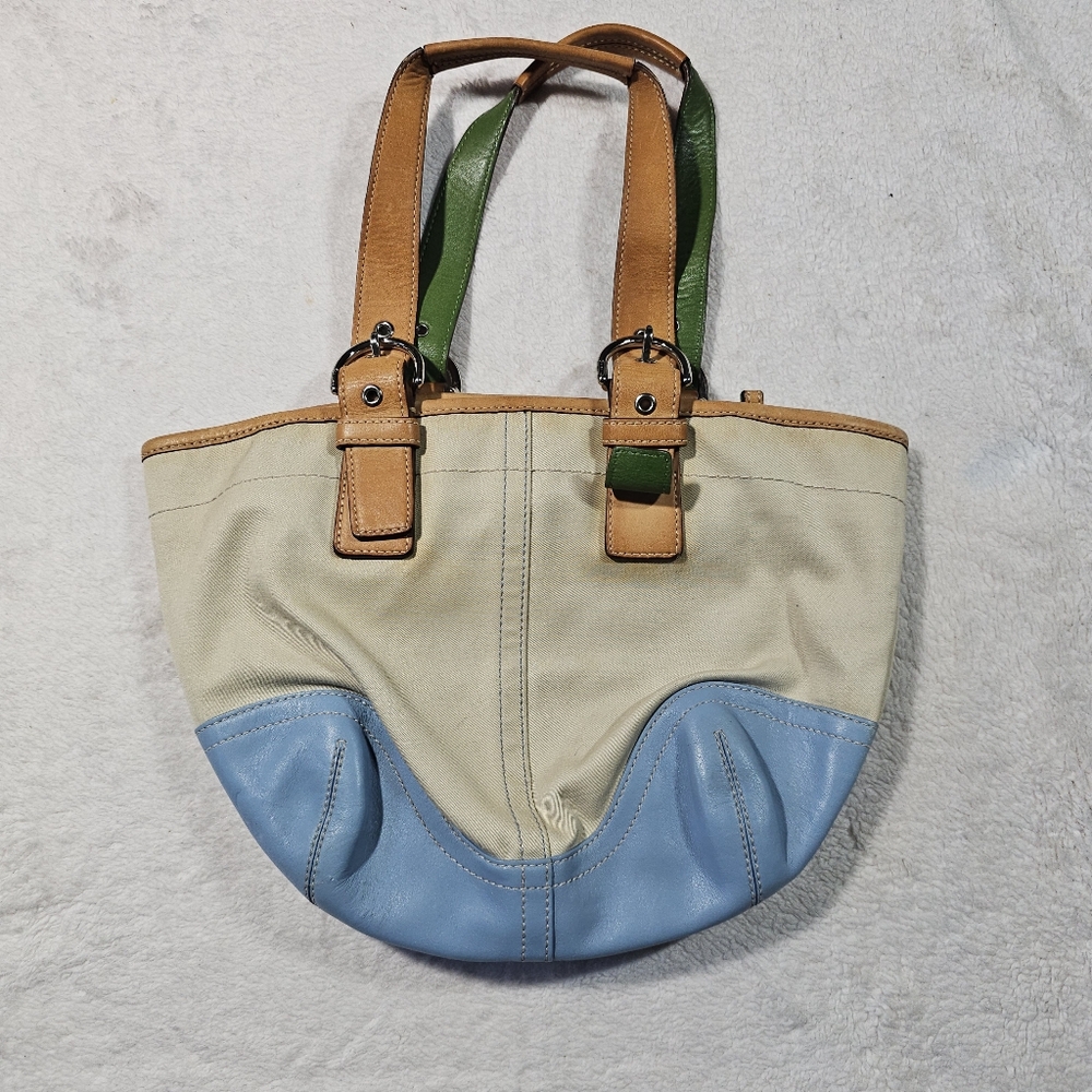 Coach Soho Hampton tote bag blue green brown leather w/ dust bag 100% authentic